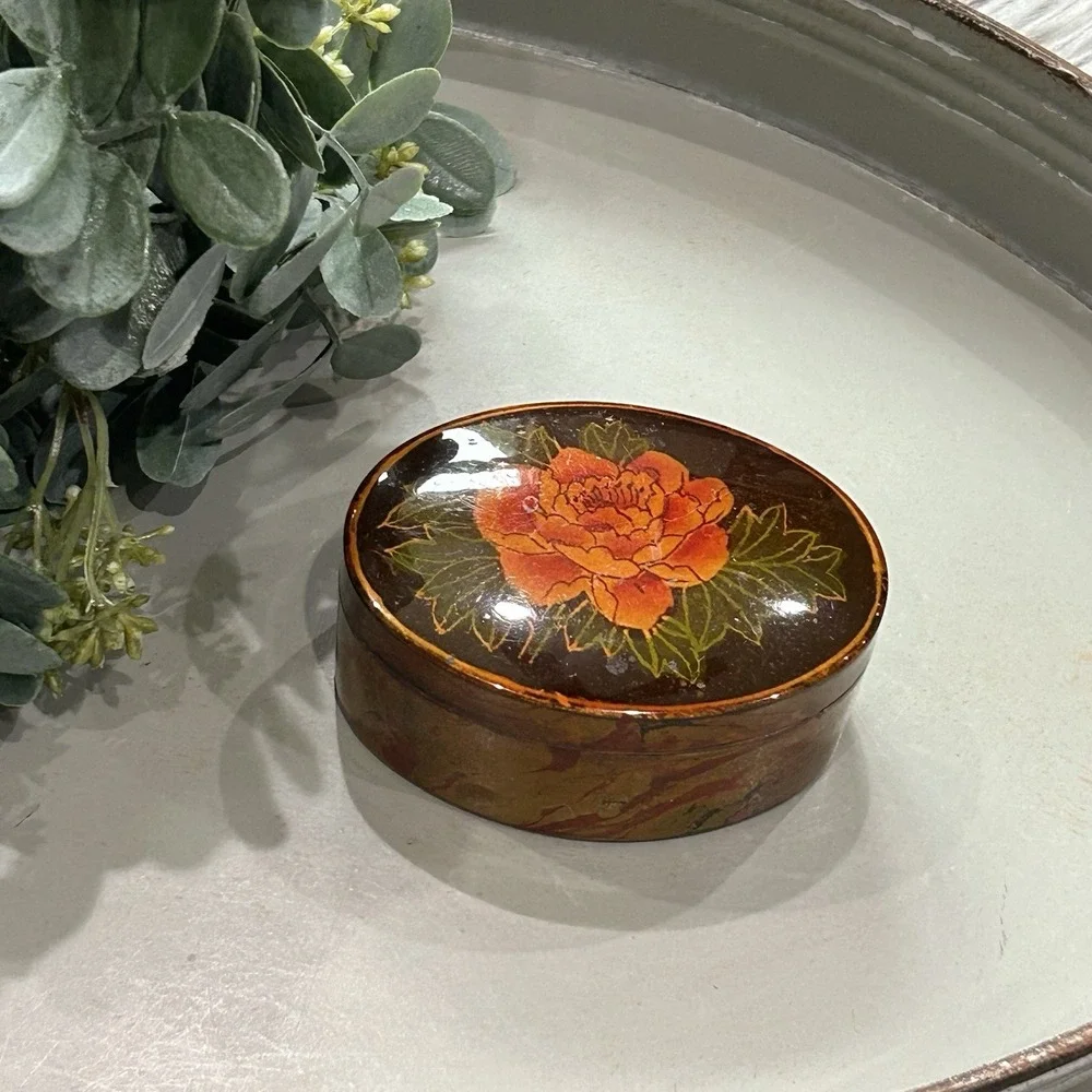 Vintage‎ Cabbage Rose Painted Trinket Box With Lid
